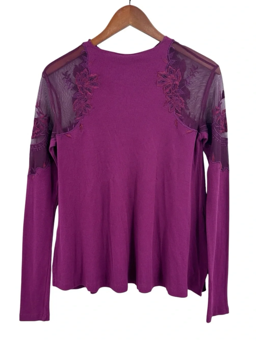 New FREE PEOPLE Daniella Illusion Blouse Cold Shoulder Mesh Wine Purple